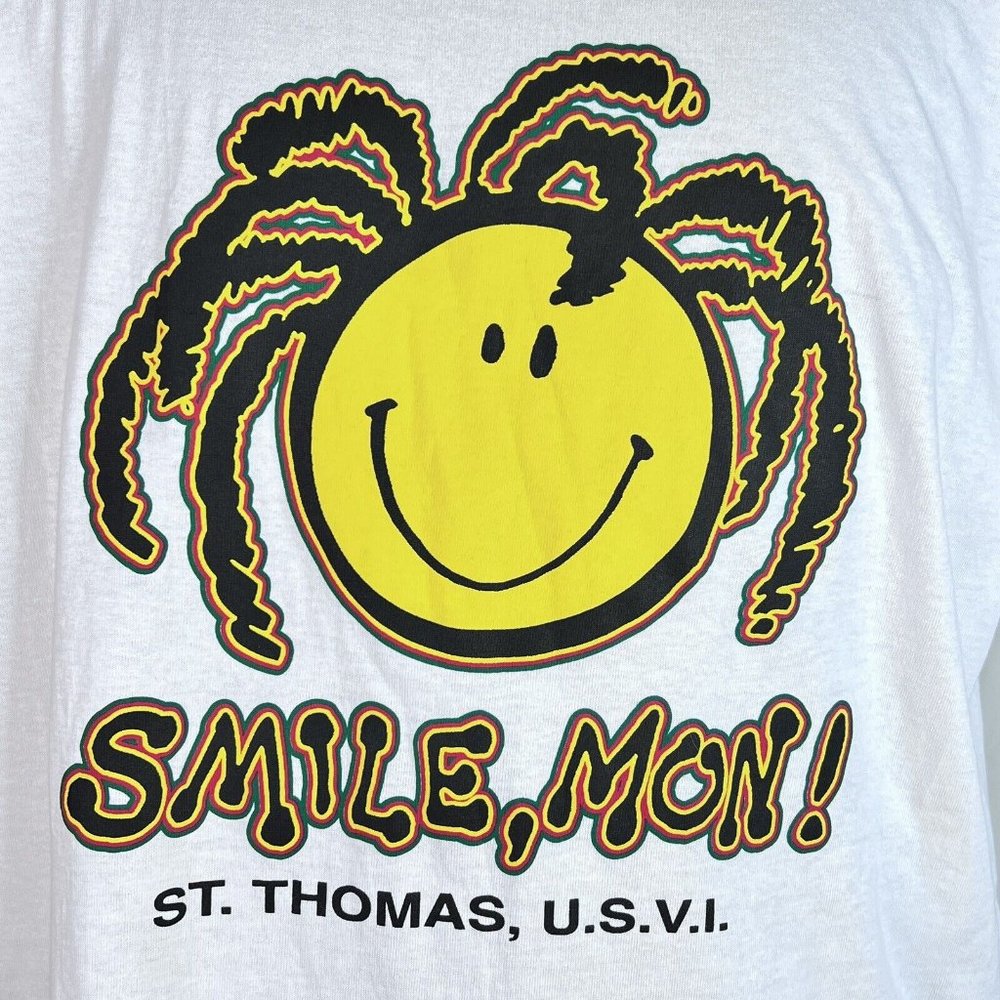 Vintage Smiley Face Dreadlocks T Shirt St Thomas Virgin Islands Size XXL White